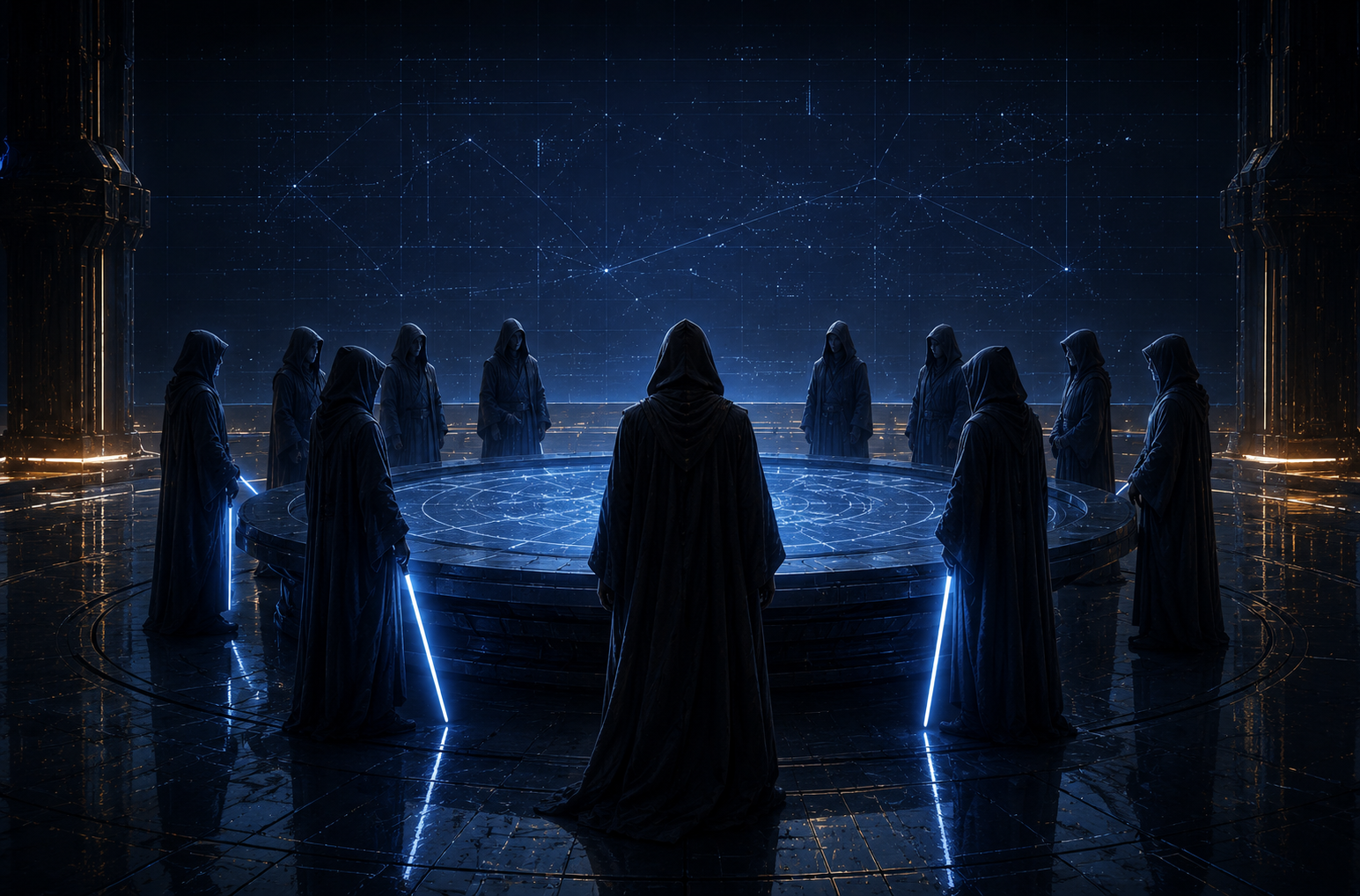 Hooded figures ring a dark round table whose surface glows with a blue circuit blueprint, sabers grounded
