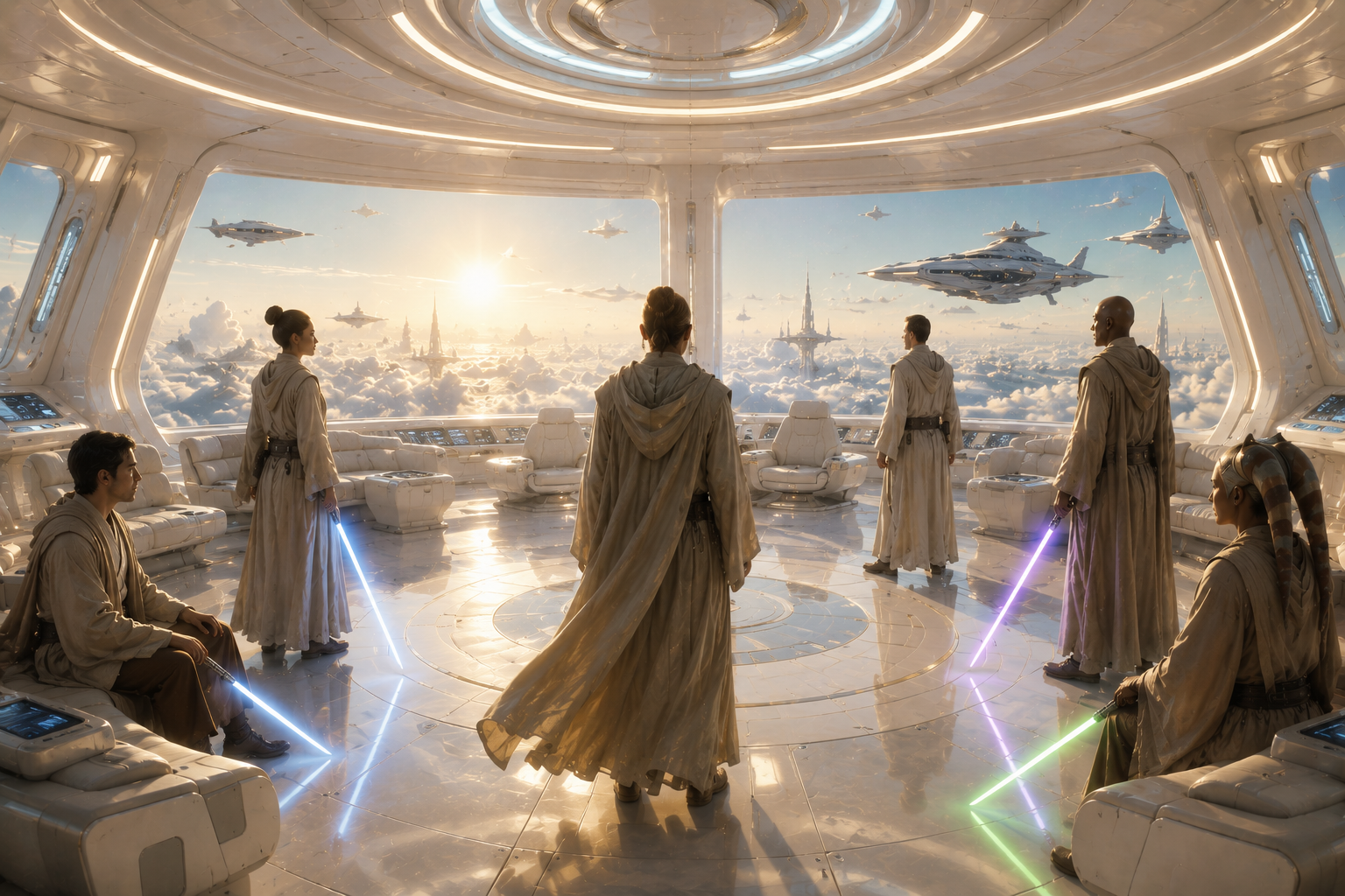 Robed figures with lit sabers stand in a bright council chamber above the clouds, one order holding one shared way